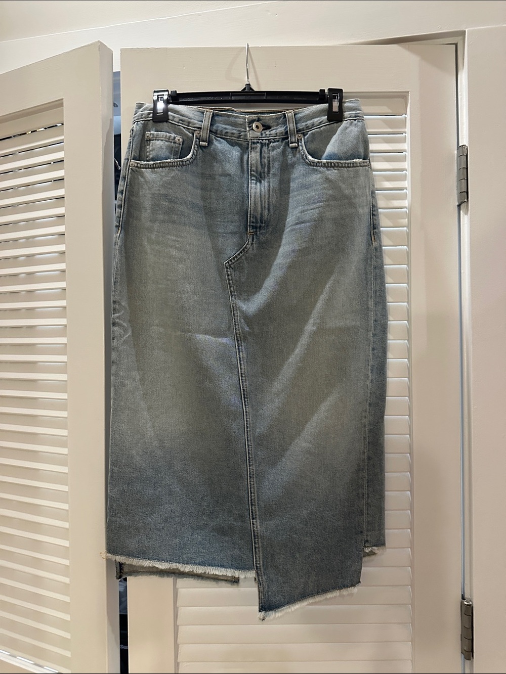 Light Wash Denim Midi Skirt - Raw Hem